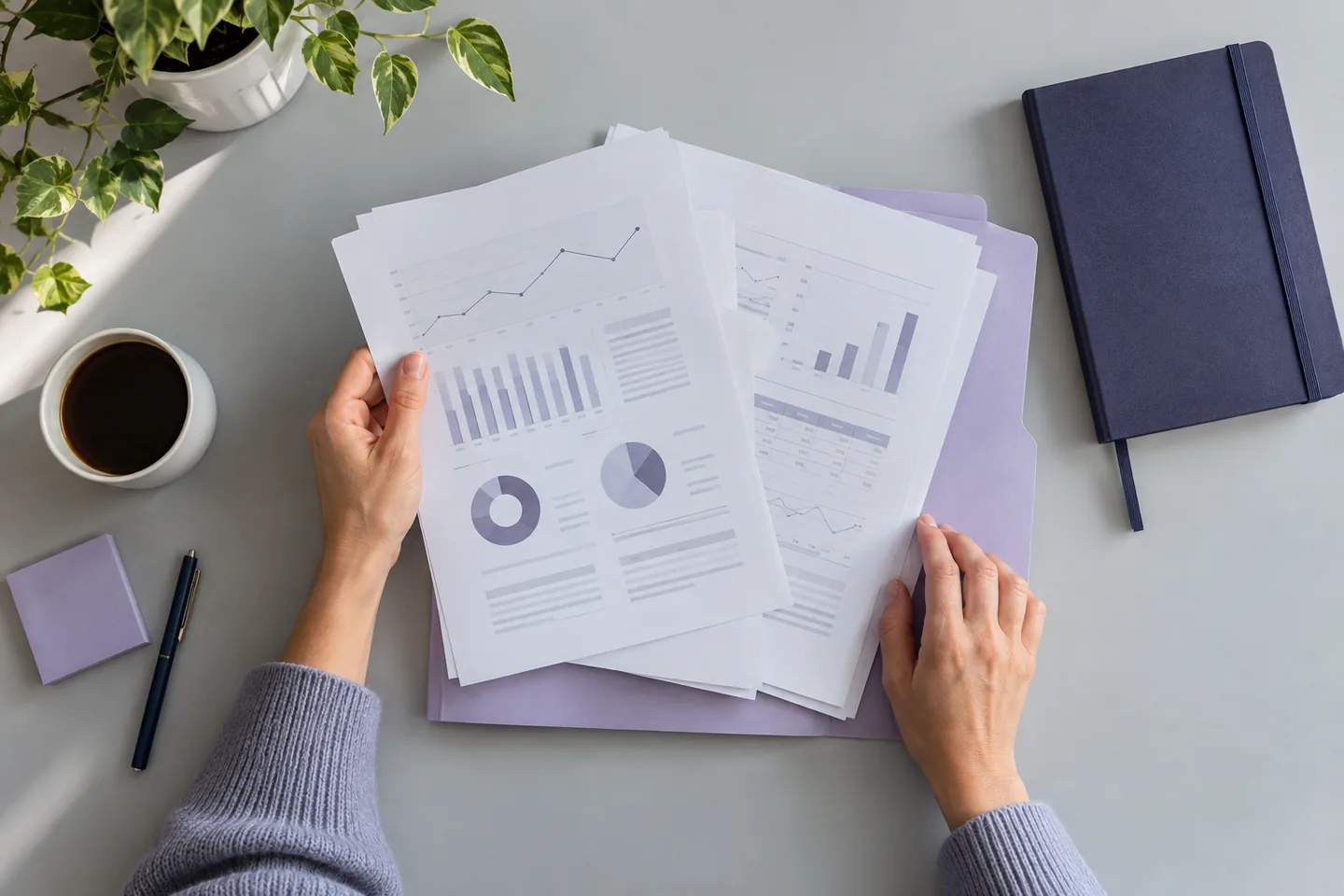 Hands reviewing generic report pages in an editorial workspace