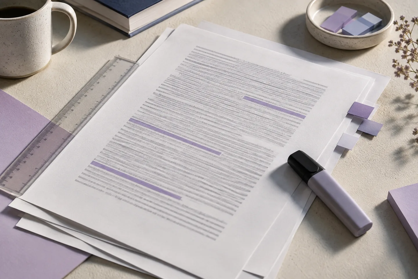 Printed research pages, ruler, tabs, and highlighter on a desk